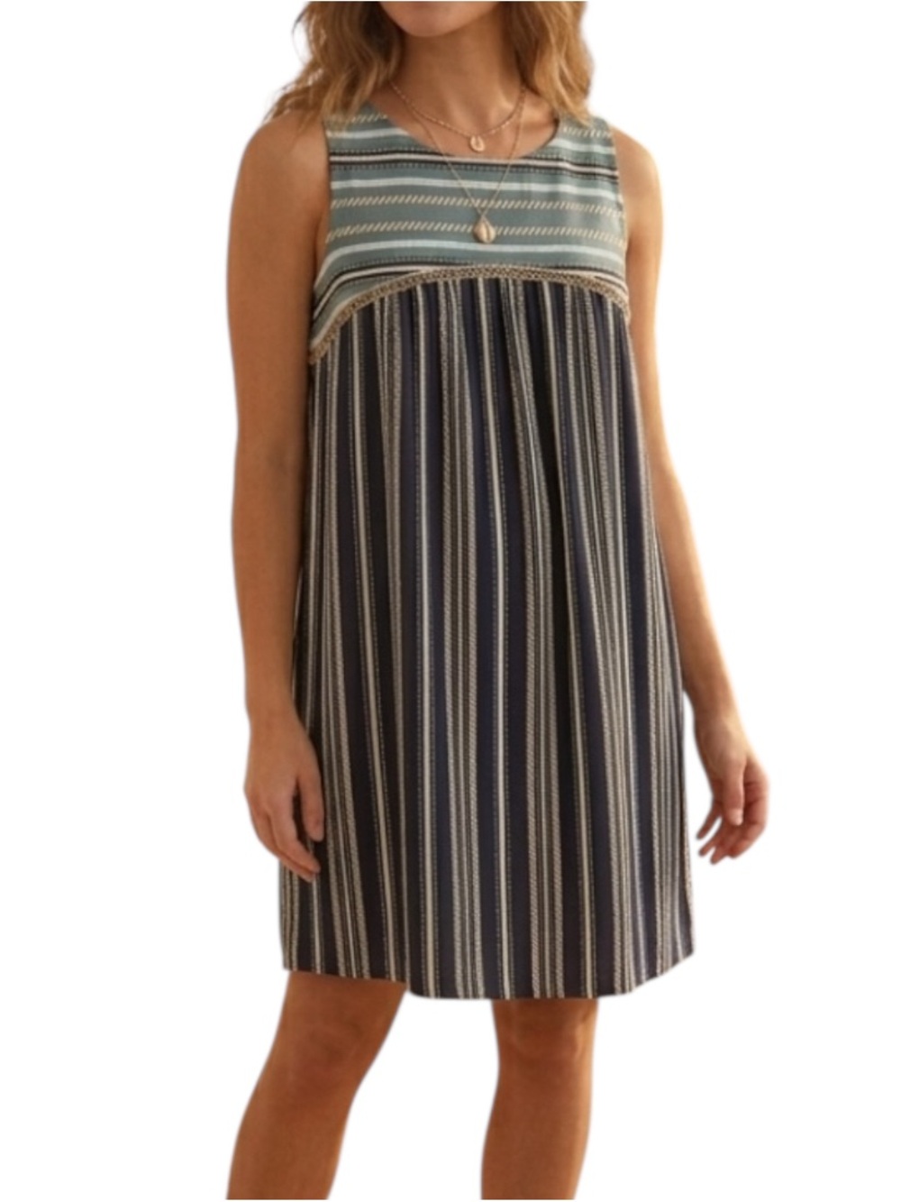 THML Black White Green Striped Boho Mini Dress Braided Trim Keyhole Back Medium